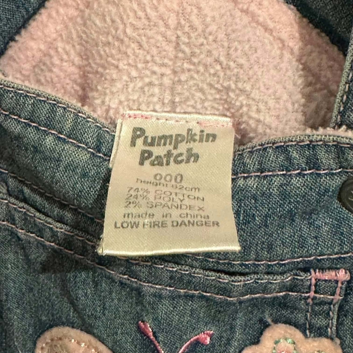 PUMPKIN PATCH BLUE DENIM DUNGAREES WITH PINK LINING AND FLORAL EMBROIDERY (0-3 MONTHS)