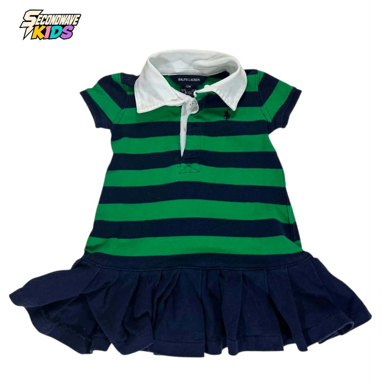 RALPH LAUREN GREEN AND NAVY STRIPED BABY POLO DRESS (12 MONTHS - S)