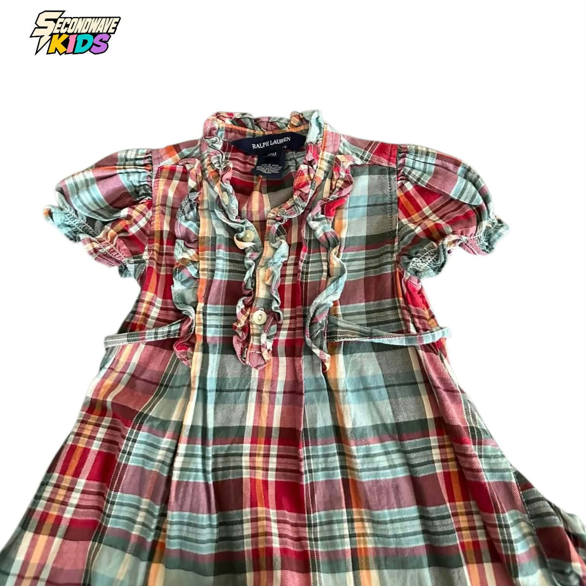 RALPH LAUREN MULTICOLOURED PLAID BABY DRESS WITH RUFFLES AND BOW (12 MONTHS)