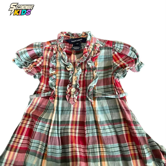 RALPH LAUREN MULTICOLOURED PLAID BABY DRESS WITH RUFFLES AND BOW (12 MONTHS)