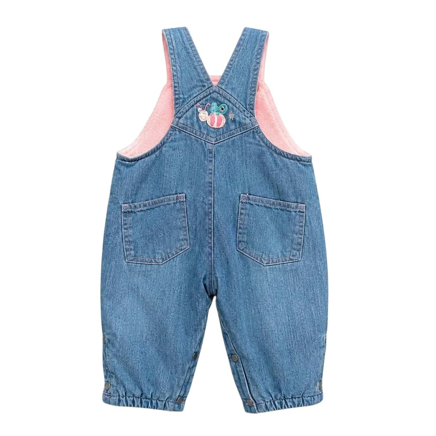 PUMPKIN PATCH BLUE DENIM DUNGAREES WITH PINK LINING AND FLORAL EMBROIDERY (0-3 MONTHS)