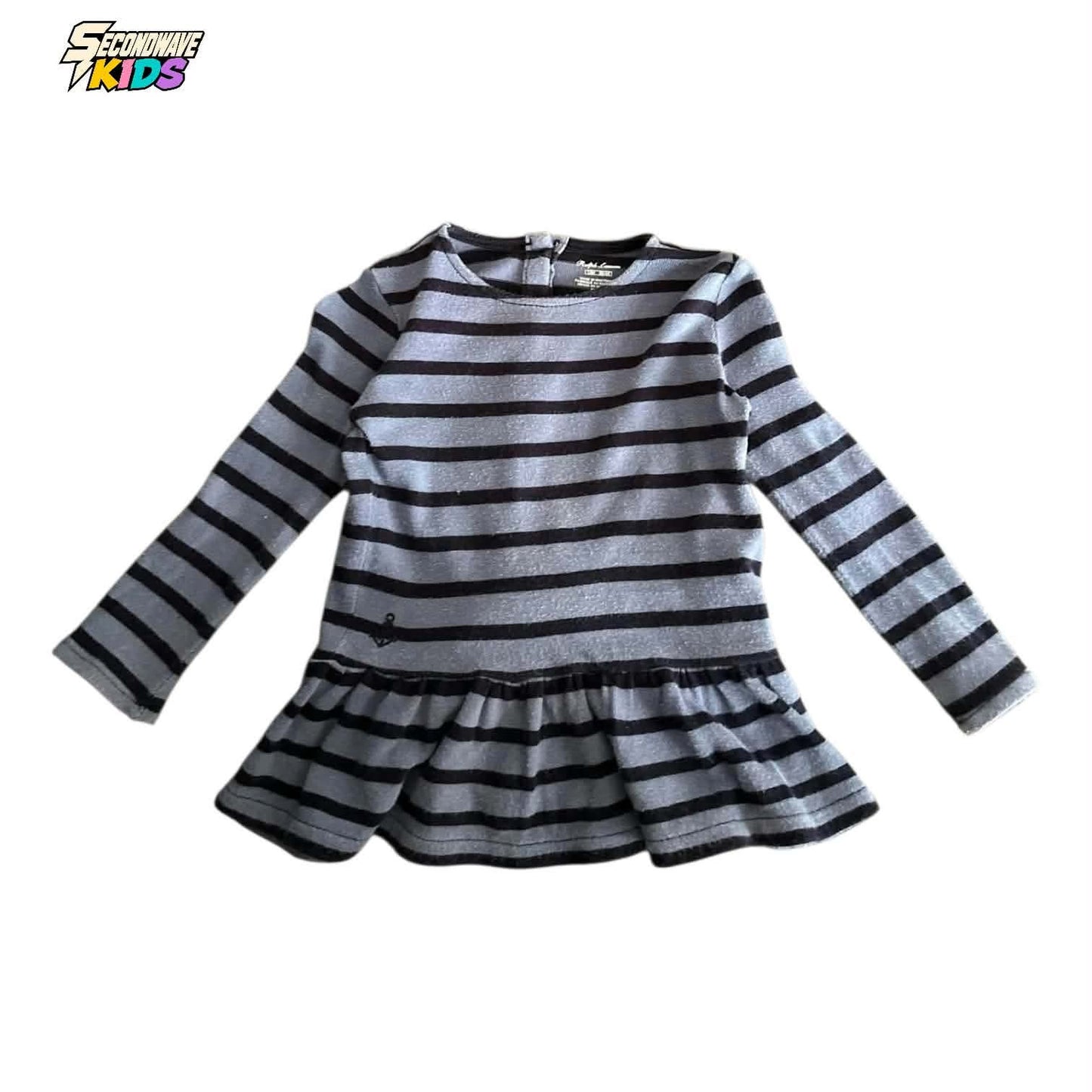 RALPH LAUREN BLUE & BLACK STRIPED LONG SLEEVE DRESS WITH RUFFLE HEM (12 MONTHS)