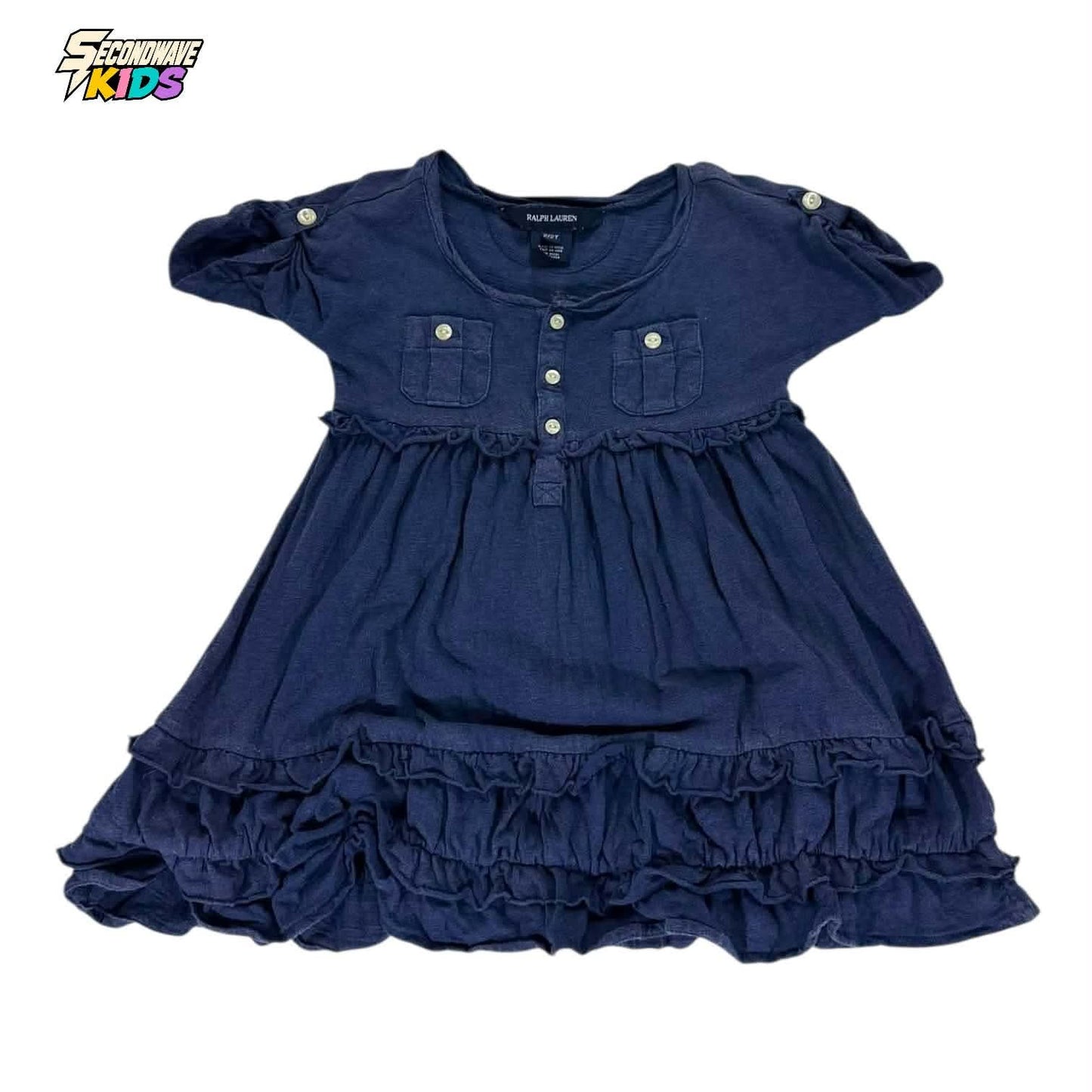 RALPH LAUREN NAVY BLUE BABY GIRL DRESS WITH RUFFLES AND POCKETS (2T)