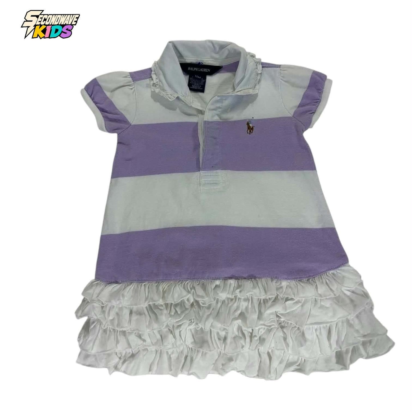 RALPH LAUREN PURPLE AND WHITE STRIPED BABY GIRL DRESS WITH RUFFLES (12 MONTHS)