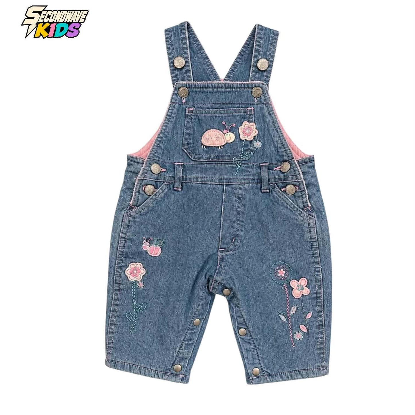PUMPKIN PATCH BLUE DENIM DUNGAREES WITH PINK LINING AND FLORAL EMBROIDERY (0-3 MONTHS)