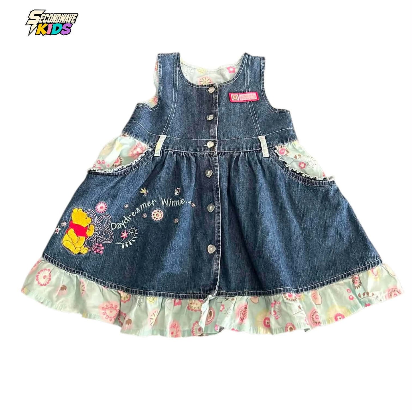 DISNEY WINNIE THE POOH DENIM DRESS WITH FLORAL LINING AND POCKETS (9-12 MONTHS)