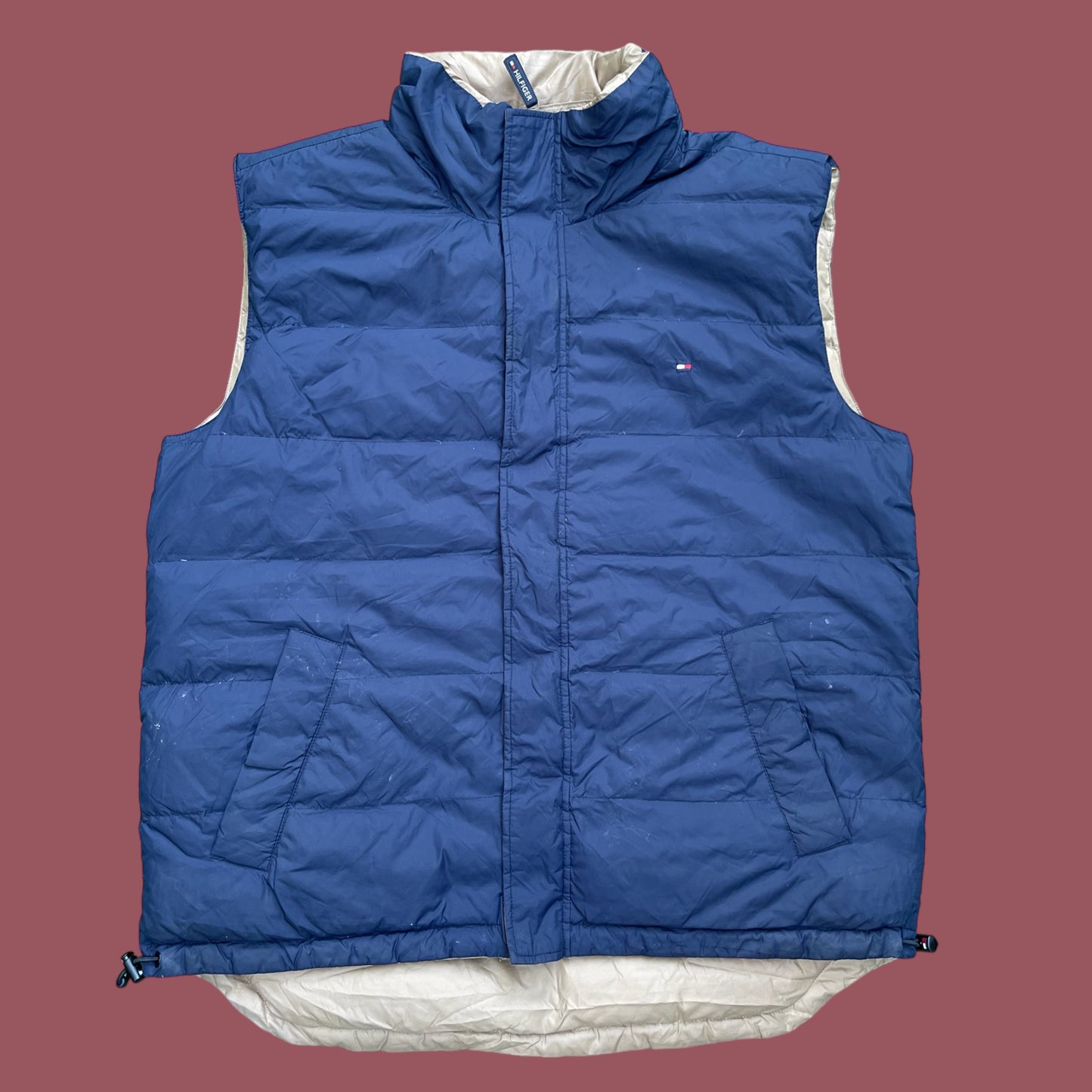 VINTAGE REVERSIBLE TOMMY HILFIGER PUFFER VEST WITH REMOVABLE HOOD (L)