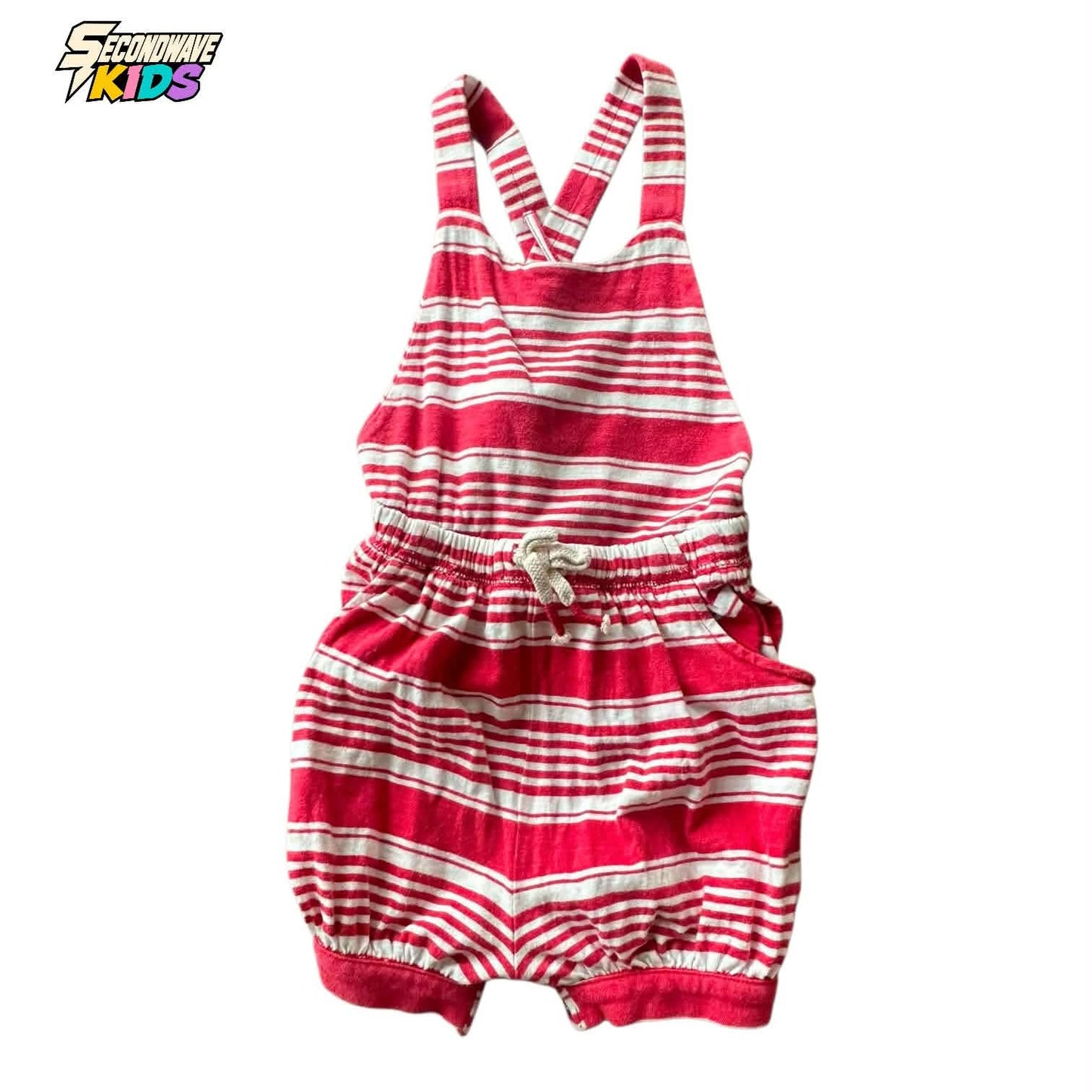 RED & WHITE STRIPED BABY ROMPER WITH ADJUSTABLE STRAPS AND ELASTIC WAIST (18 MONTHS)