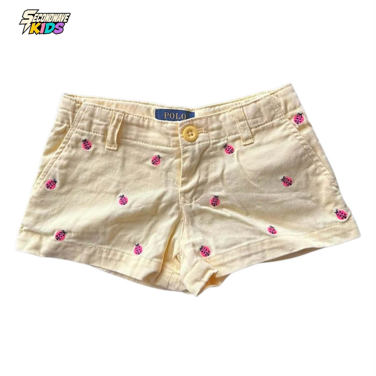 RALPH LAUREN YELLOW SHORTS WITH PINK LADYBUG EMBROIDERY (2T)