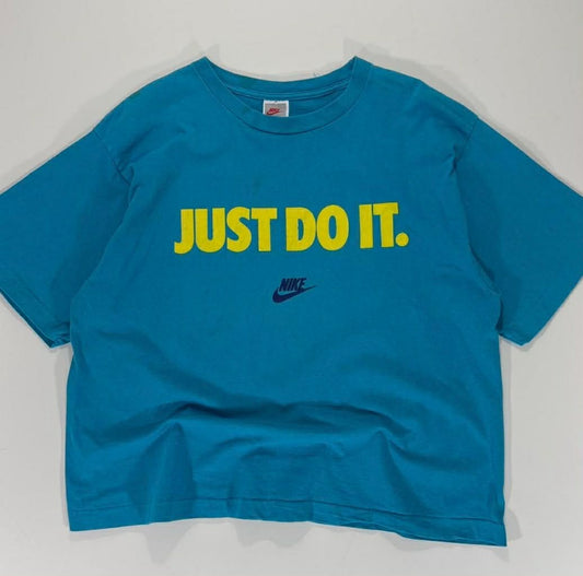 VINTAGE 90s CROPPED STYLE SINGLR STITCHED NIKE BLUE JUST DO IT TEE (M)