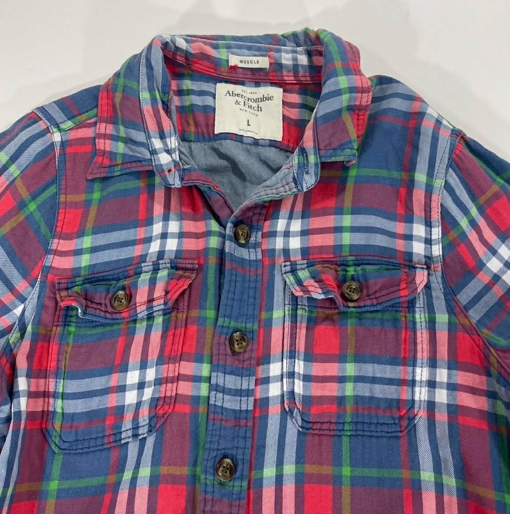 Y2K ABERCROMBIE & FITCH RED+BLUE PLAID BUTTON UP SHIRT (M)
