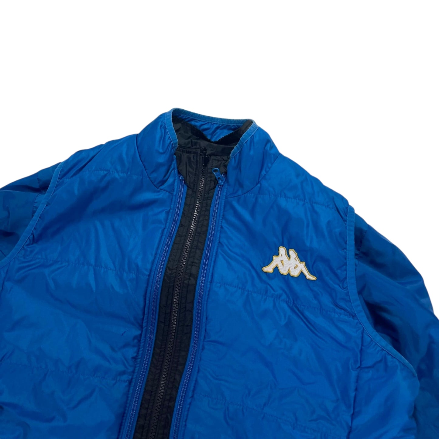 VINTAGE 2 IN 1 KAPPA REVERSIBLE BLUE AND BLACK PUFFER JACKET (L)