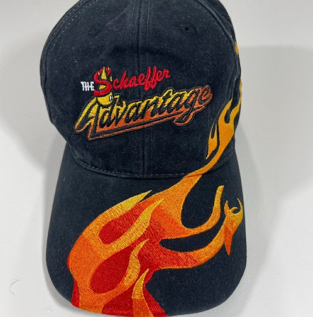 VINTAGE SCHAEFFER ADVANTAGE BLACK FLAME EMBROIDERED BASEBALL CAP