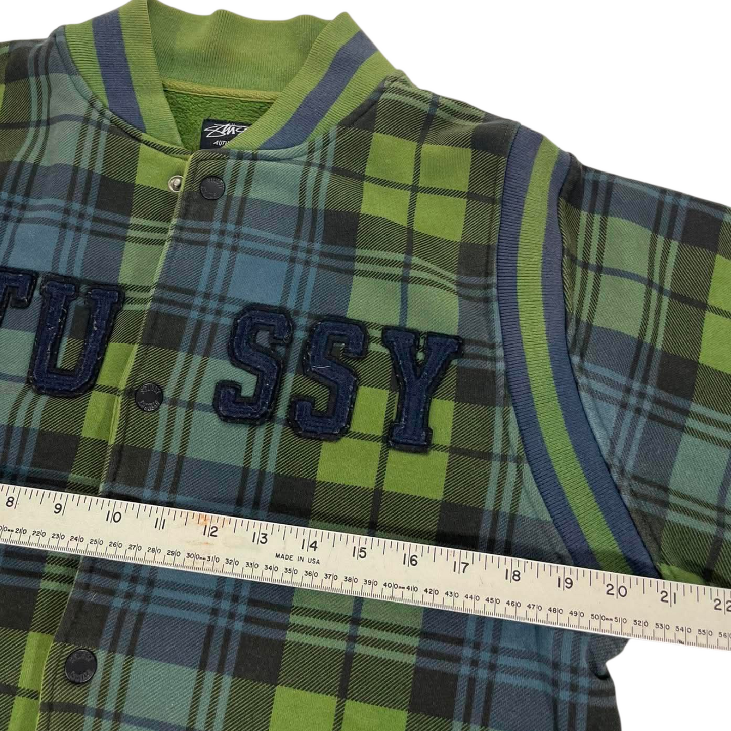 VINTAGE EMBROIDERED STUSSY GREEN PLAID VARSITY JACKET (M)
