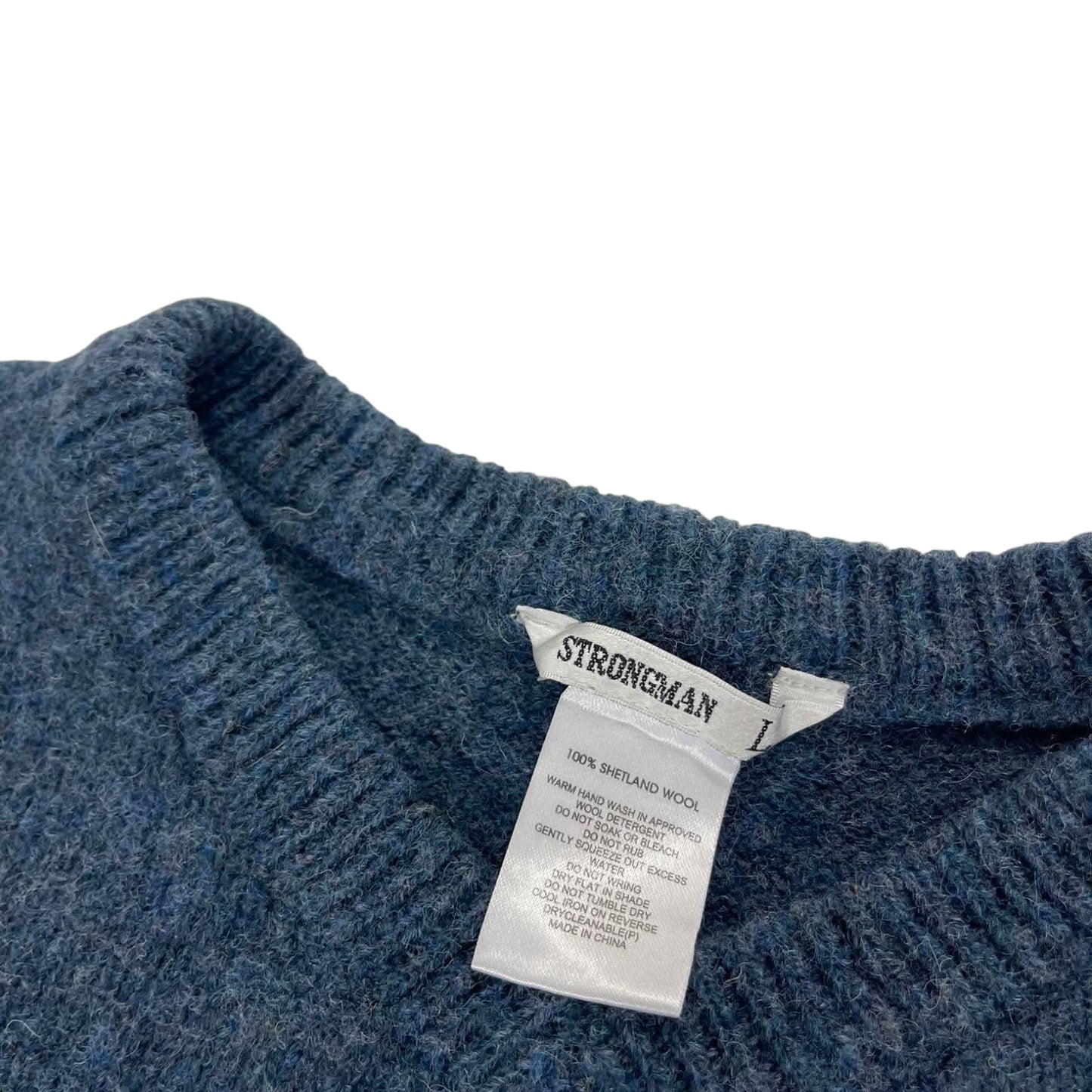 VINTAGE 100% SHETLAND STRONGMAN NAVY BLUE WOOL SWEATER (S)