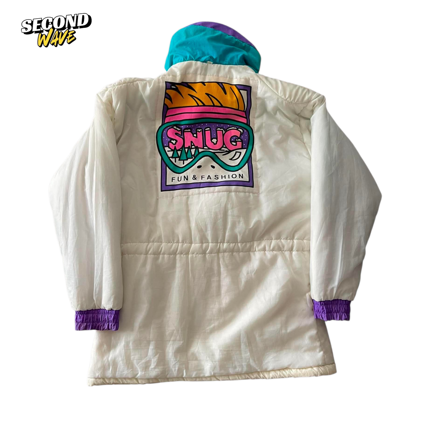 CREAM AND PURPLE VINTAGE REVERSIBLE SKI JACKET WITH HOOD (L)