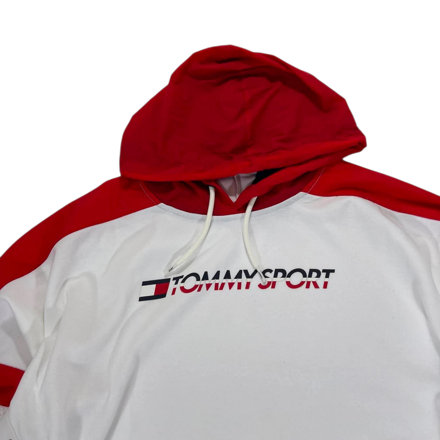 TOMMY HILFIGER RED & WHITE CROPPED HOODIE (M)