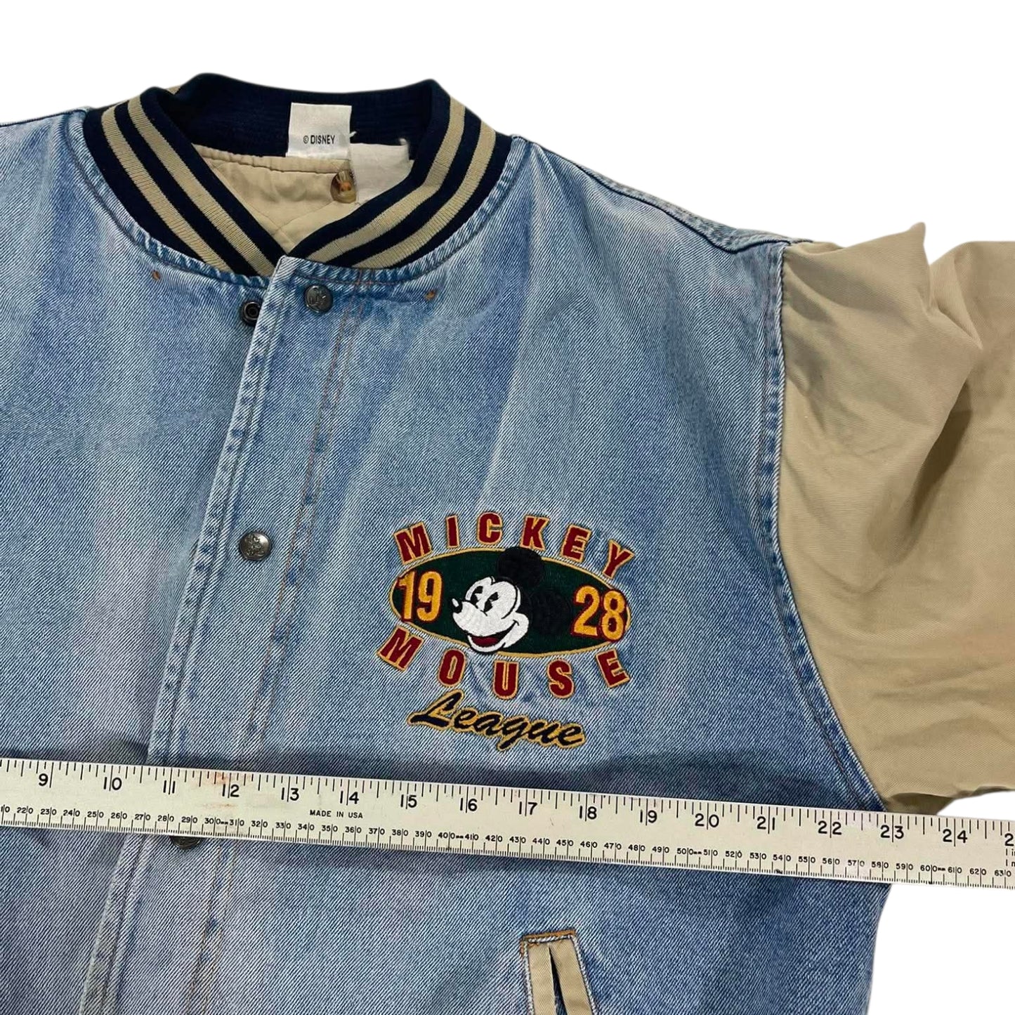 VINTAGE DISNEY MICKET MOUSE BLUE DENIM VARSITY JACKET (L)