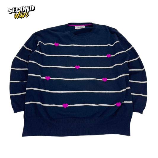 NAVY BLUE STRIPED HEART SWEATER (M)