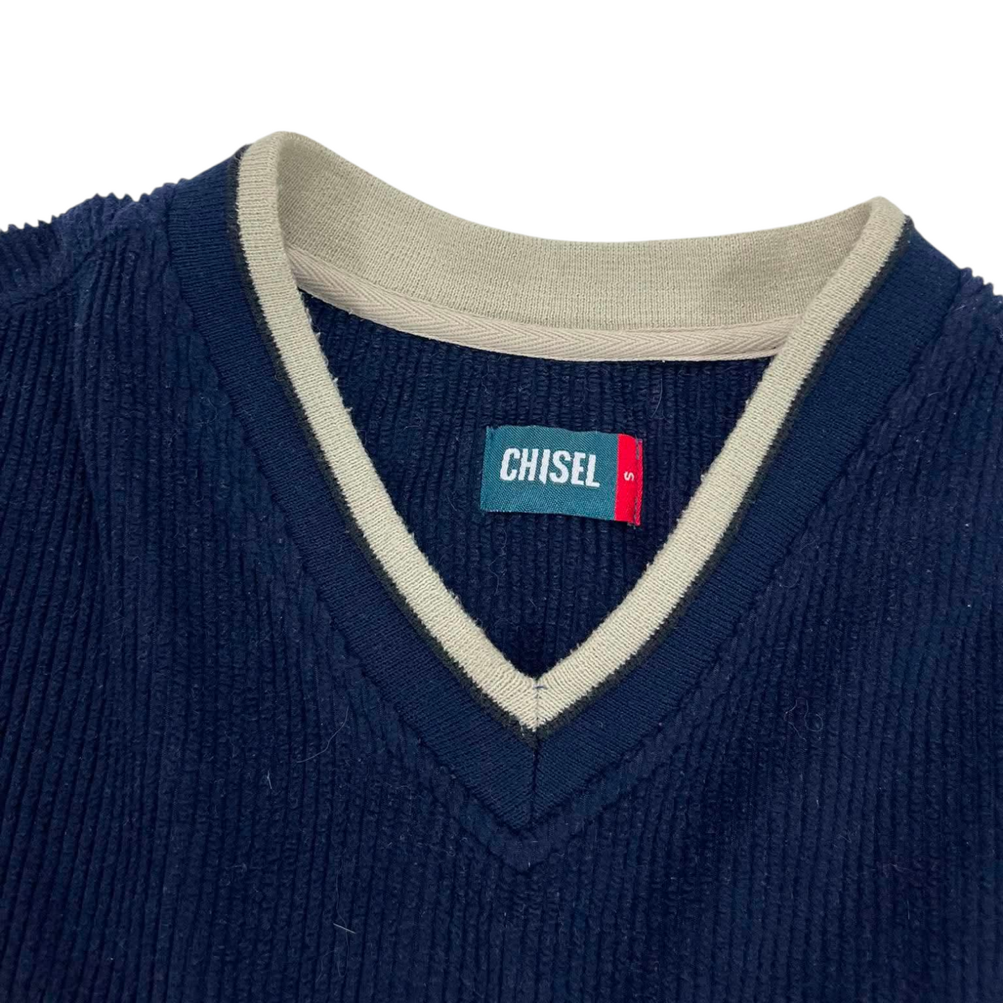 VINTAGE CHISEL BLUE & CREAM V-NECK SWEATER (M)