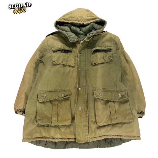 VINTAGE 100% COTTON 70S 80S MILITARY GREEN PARKA COAT (M)