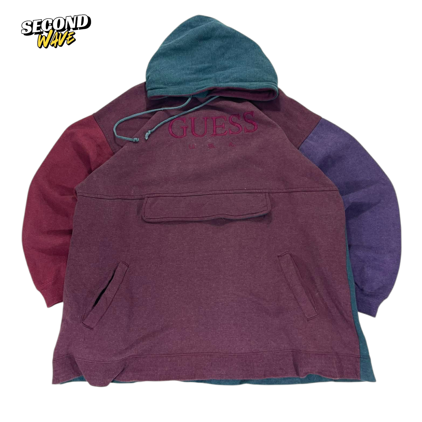 VINTAGE MULTI COLOURED GUESS USA HOODIE WITH EMBROIDERED LOGO(L-XL)
