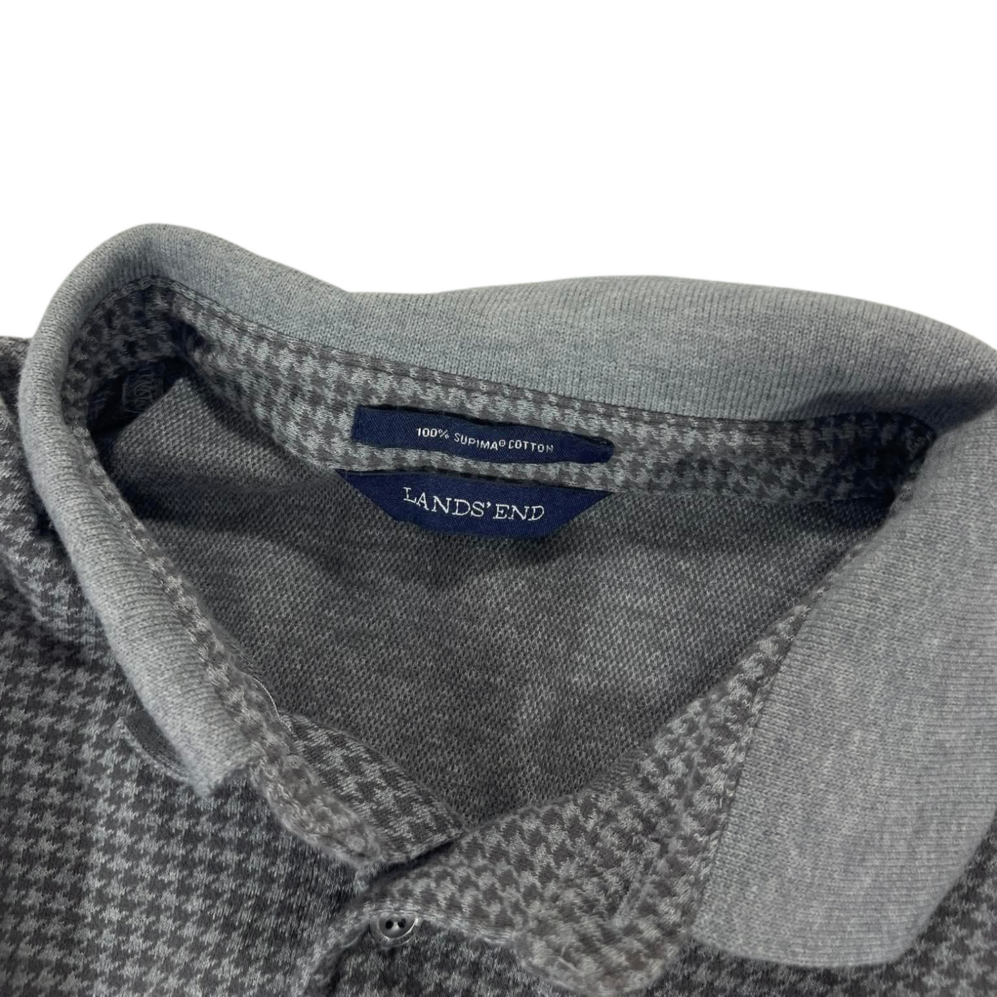 LANDS 'END GREY HOUNDSTOOTH LONG SLEEVE POLO SHIRT (M)