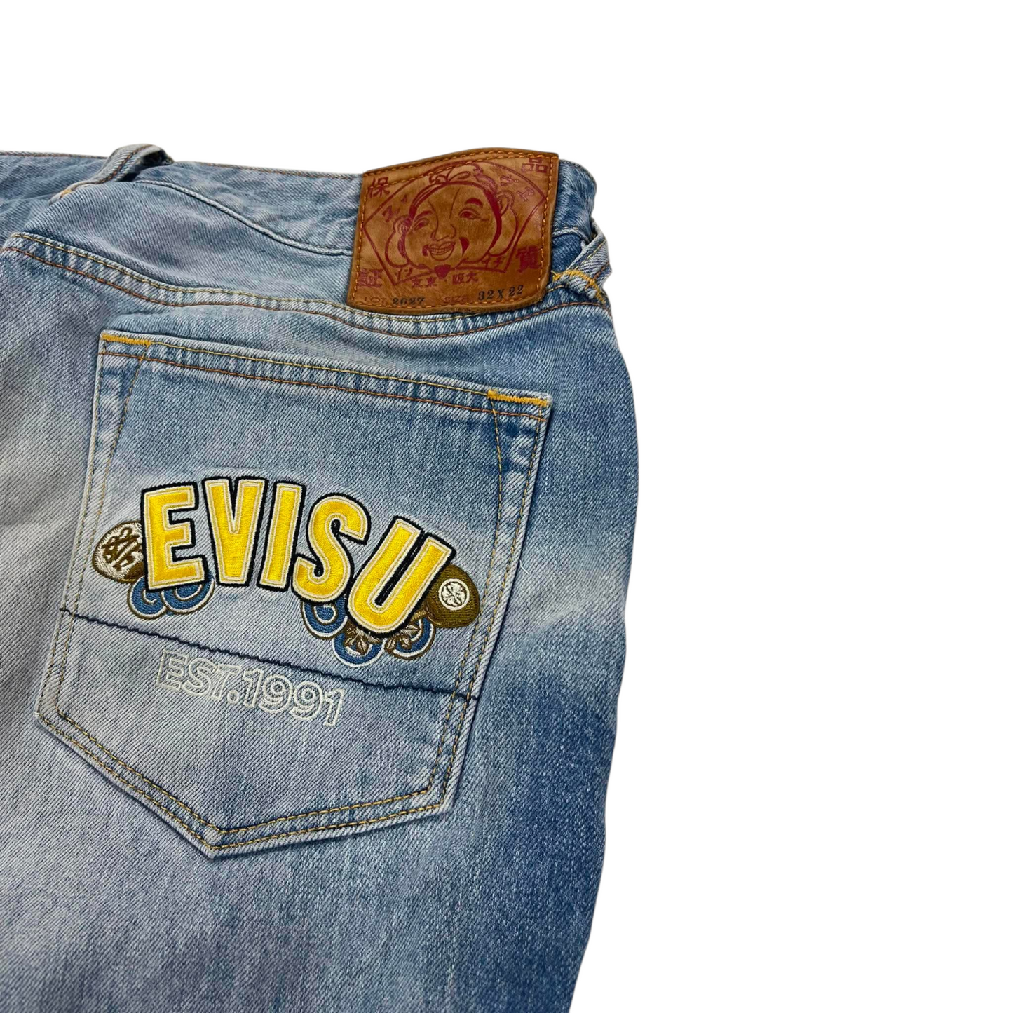 Y2K EMBROIDERED EVISU BLUE DENIM JEANS (32)