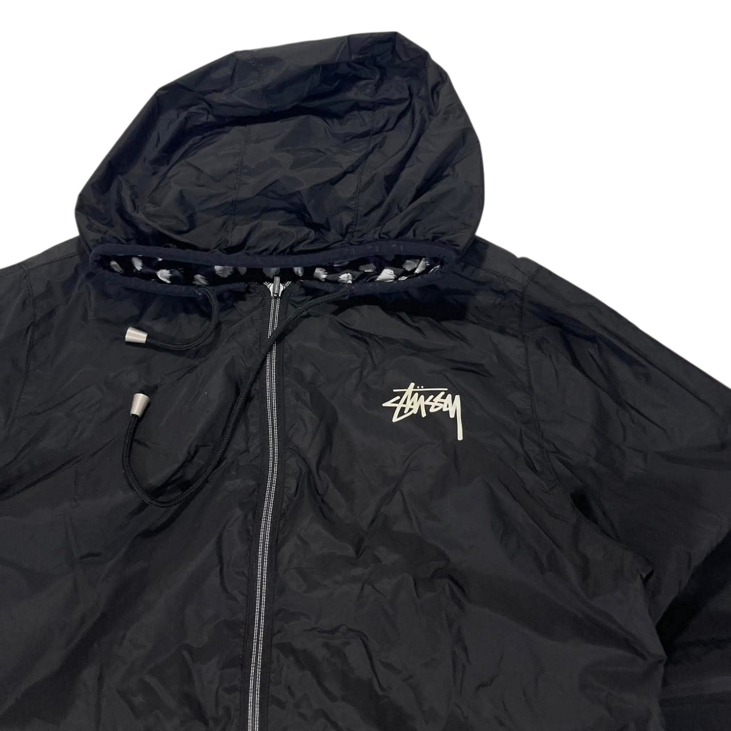 2 in 1 STUSSY BLACK WINDBREAKER REVERSIBLE JACKET WITH HOOD AND FRONT POCKETS (M)