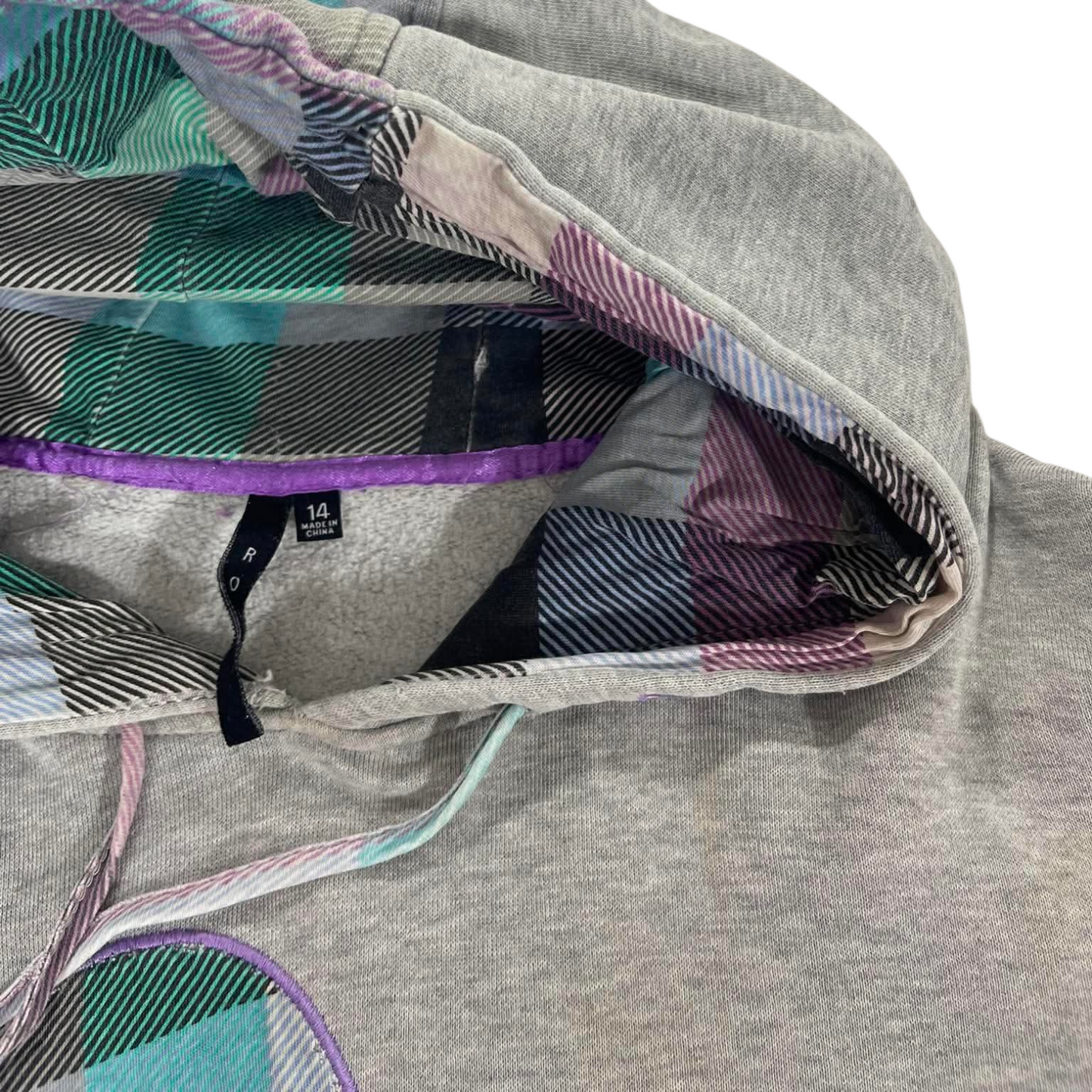 TRASHED VINTAGE ROXY GREY HOODED SWEATSHIRT WITH PLAID LINING (14)