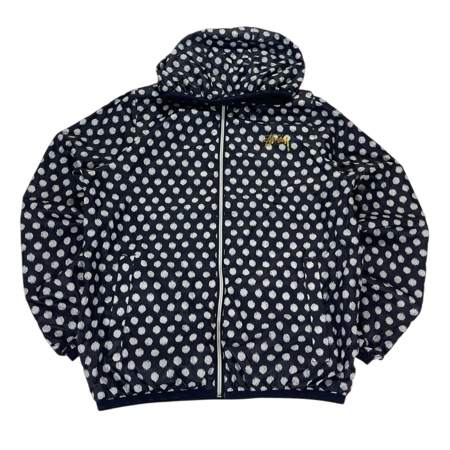 2 in 1 STUSSY BLACK WINDBREAKER REVERSIBLE JACKET WITH HOOD AND FRONT POCKETS (M)