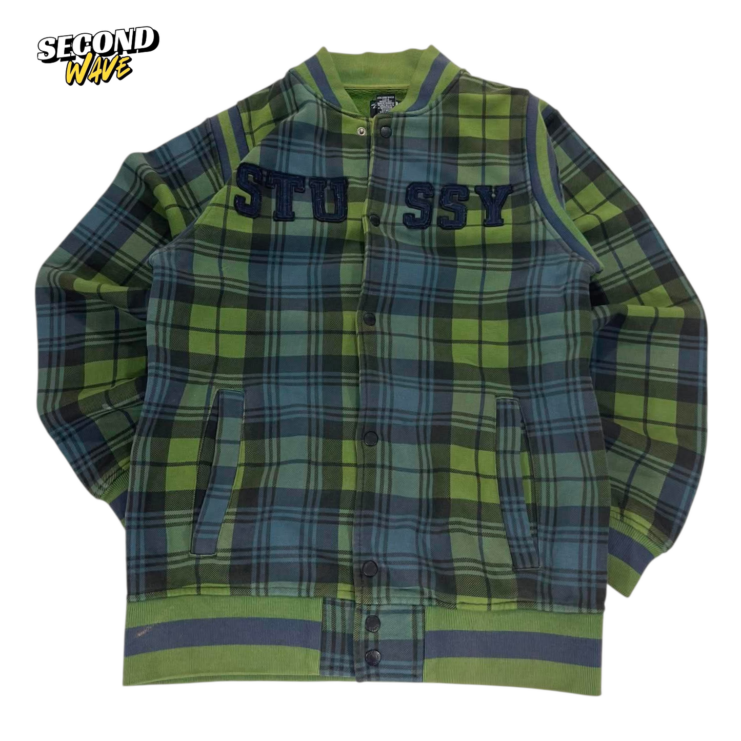 VINTAGE EMBROIDERED STUSSY GREEN PLAID VARSITY JACKET (M)