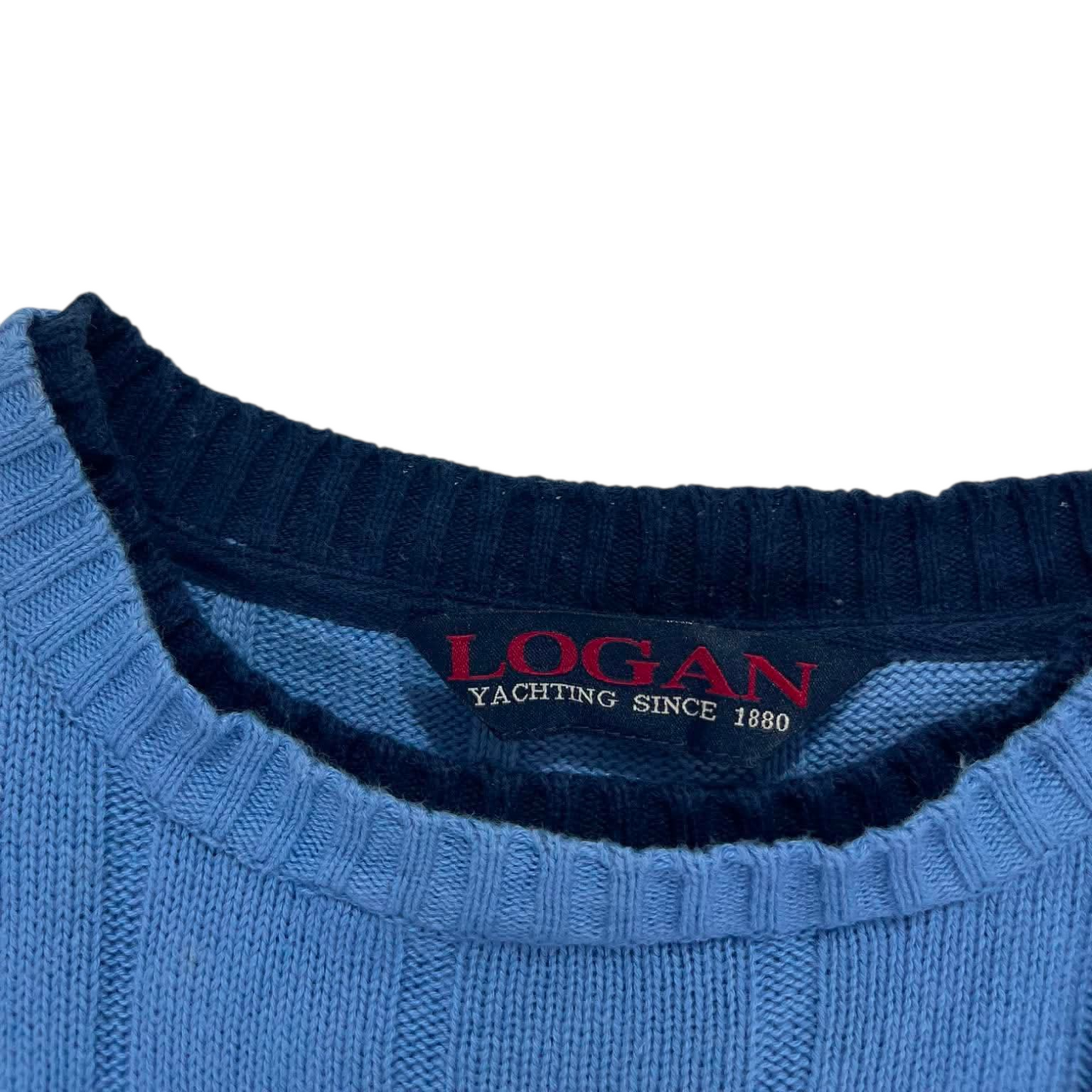 VINTAGE LOGAN BLUE RIBBED KNIT SWEATER (L)