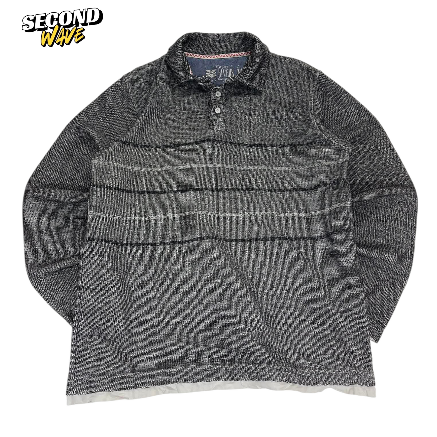 VINTAGE RIVERS GREY STRIPED LONG SLEEVE POLO SHIRT (M)