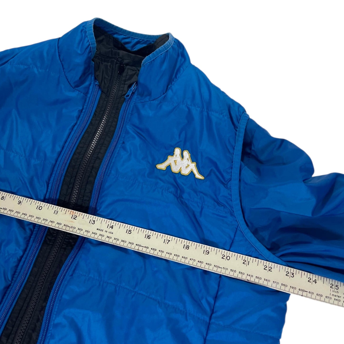 VINTAGE 2 IN 1 KAPPA REVERSIBLE BLUE AND BLACK PUFFER JACKET (L)