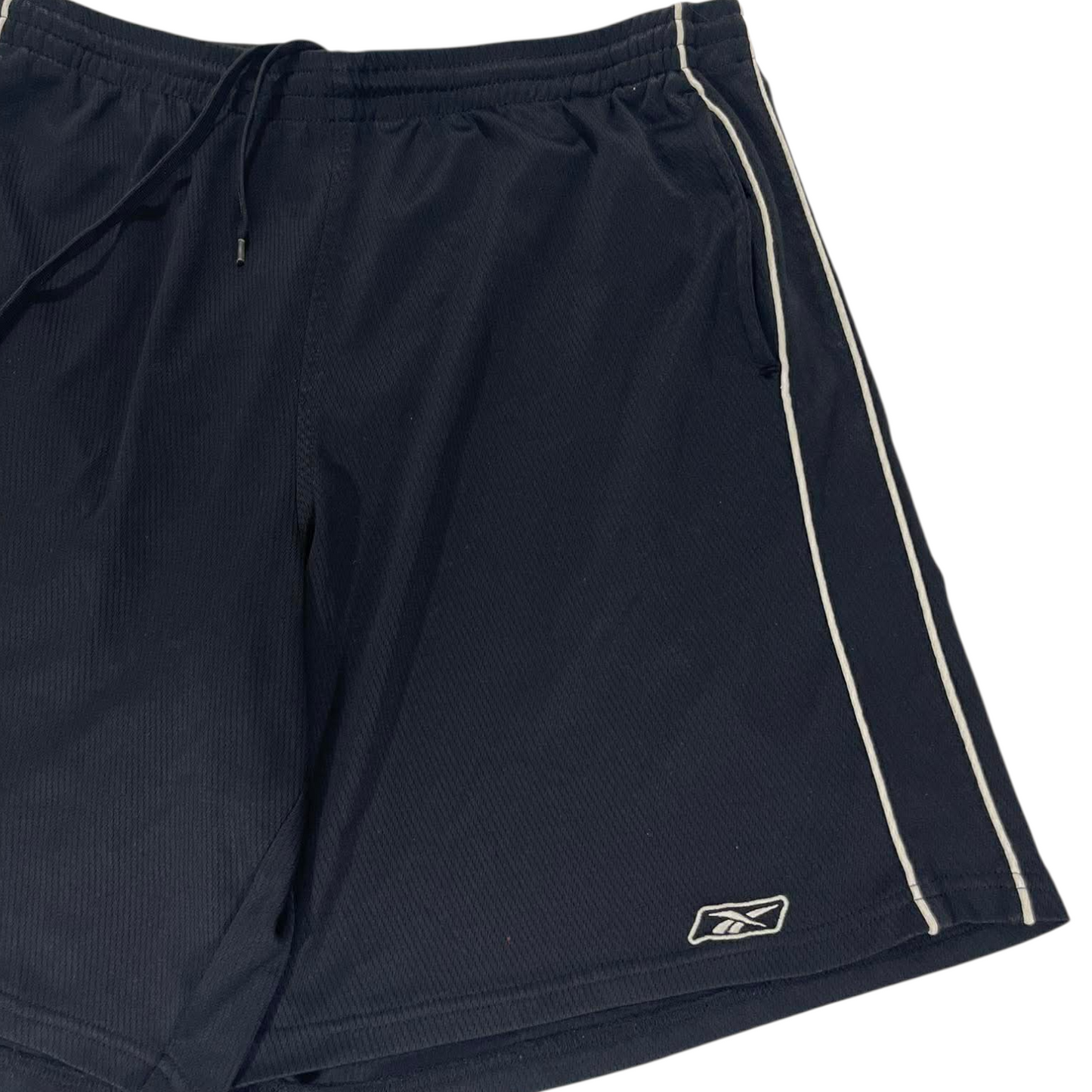 VINTAGE REEBOK NAVY BLUE SHORTS WITH WHITE STRIPE (L)