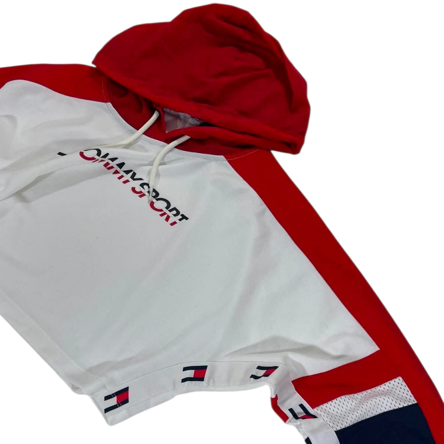 TOMMY HILFIGER RED & WHITE CROPPED HOODIE (M)