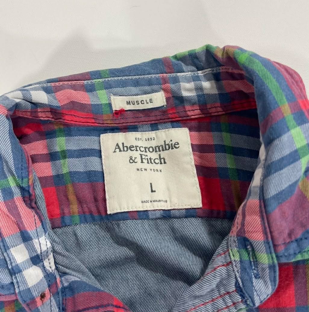 Y2K ABERCROMBIE & FITCH RED+BLUE PLAID BUTTON UP SHIRT (M)