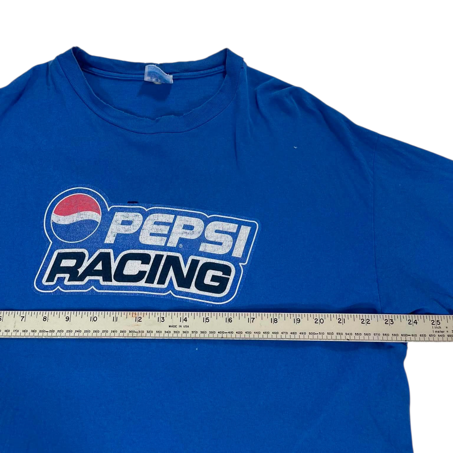 VINTAGE TRASHED PEPSI RACING BLUE COTTON T-SHIRT (L)