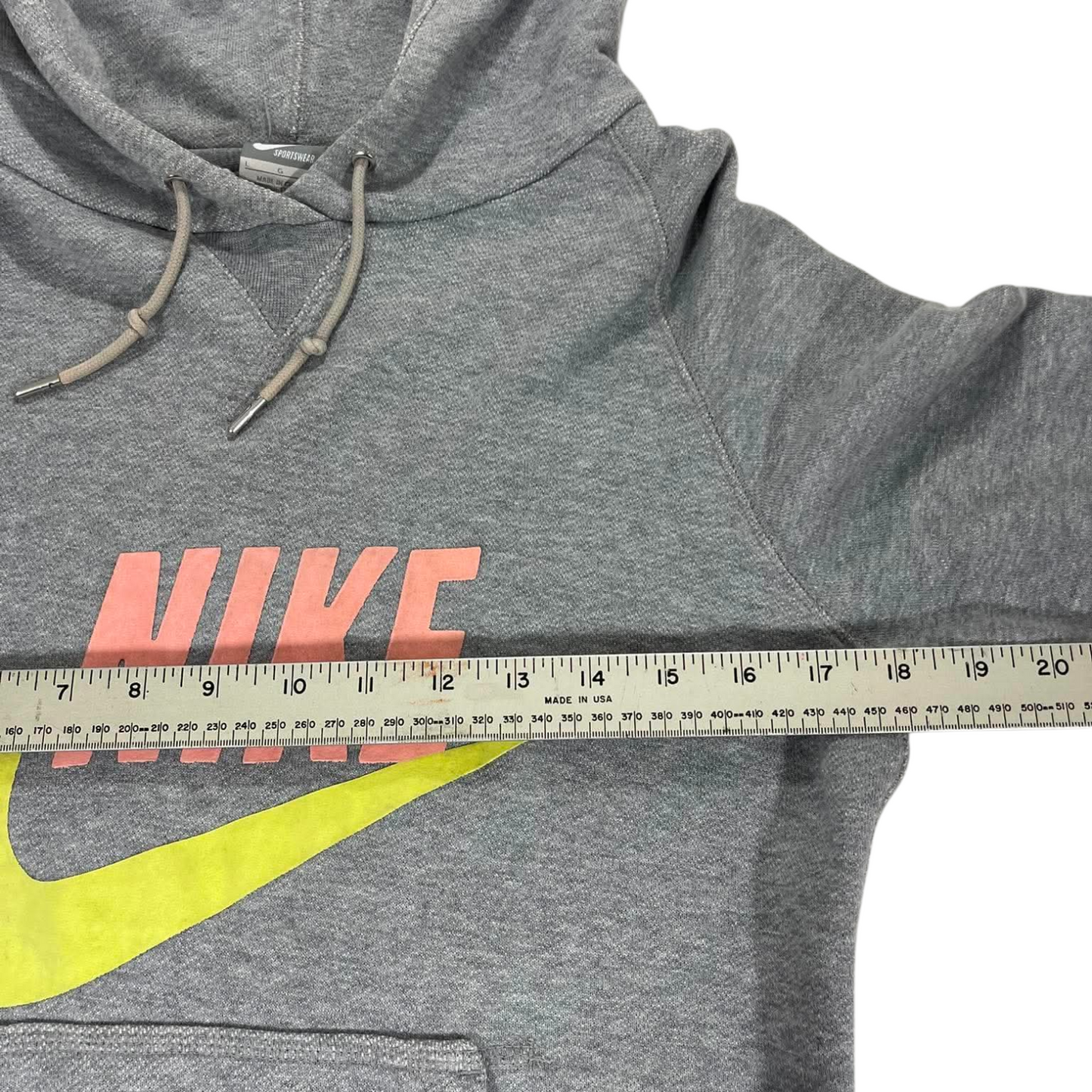 VINTAGE NIKE GREY HOODIE WITH PINK AND YELLOW LOGO (L)