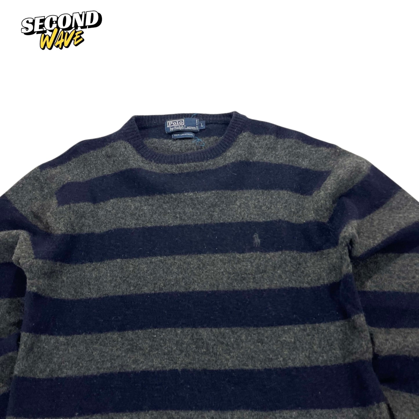 VINTAGE 100% LAMBSWOOL POLO RALPH LAUREN NAVY BLUE STRIPED SWEATER (L)