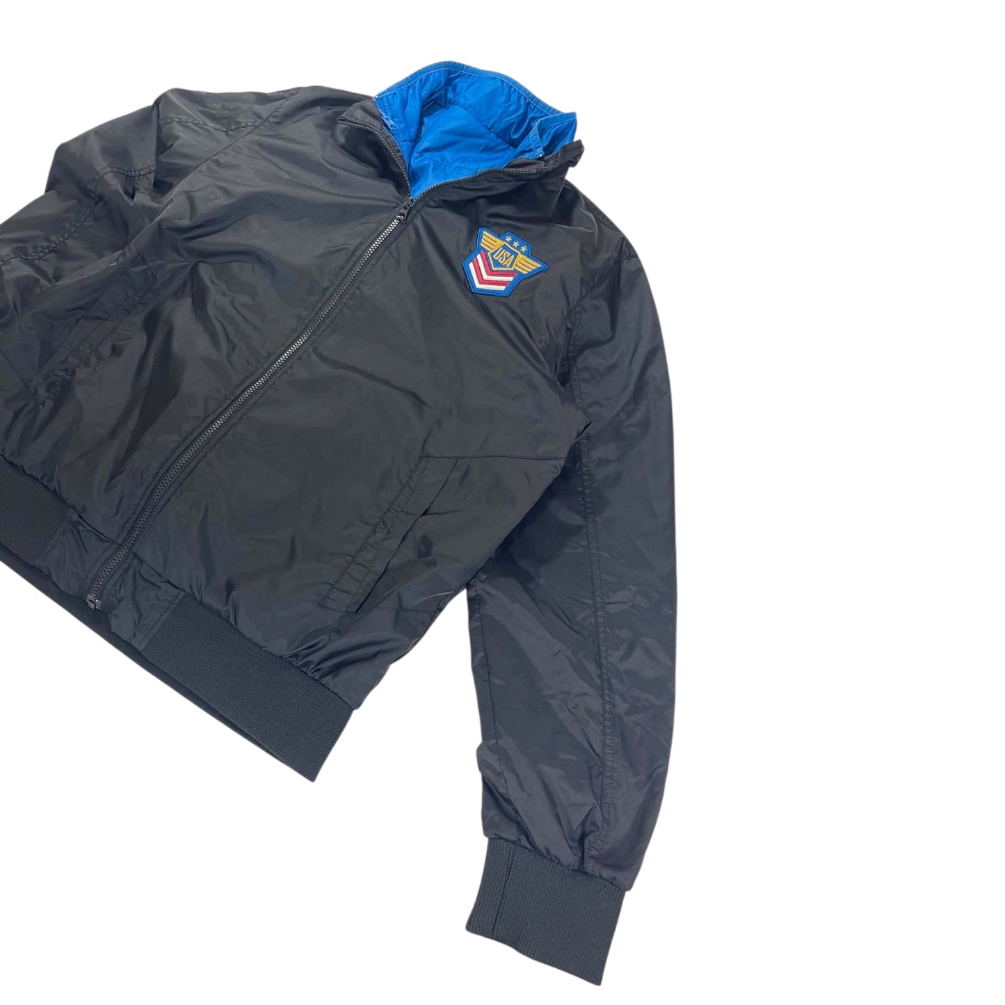 VINTAGE 2 IN 1 KAPPA REVERSIBLE BLUE AND BLACK PUFFER JACKET (L)