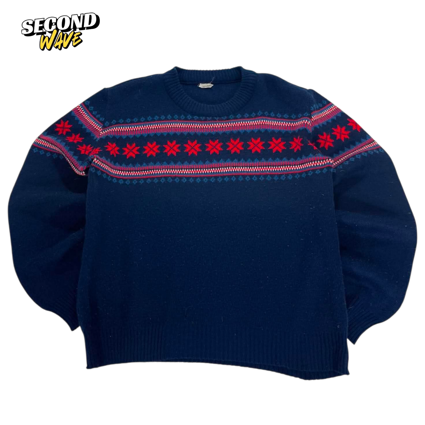 NAVY BLUE VINTAGE SWEATER WITH RED ACCENTS (M)