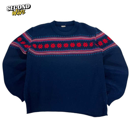 NAVY BLUE VINTAGE SWEATER WITH RED ACCENTS (M)