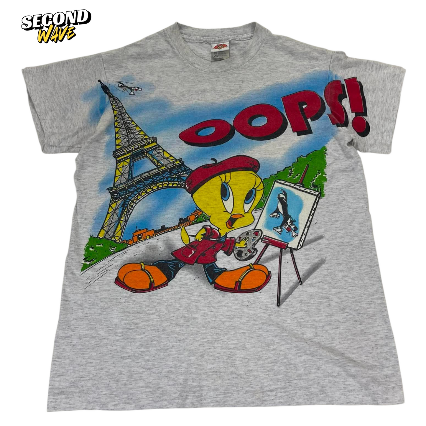 VINTAGE SINGLE STITCHED LOONEY TUNES TWEETY BIRD GREY COTTON T-SHIRT (L)