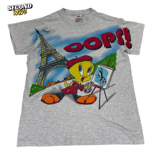 VINTAGE SINGLE STITCHED LOONEY TUNES TWEETY BIRD GREY COTTON T-SHIRT (L)