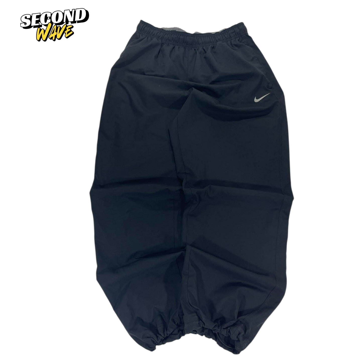 VINTAGE BAGGY NIKE BLACK TRACK PANTS WITH SWOOSH AND DRAWSTRING WAIST (L)
