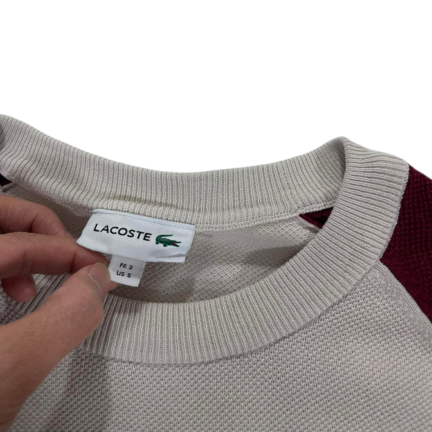 LACOSTE RED AND CREM SWEATER (M-L)