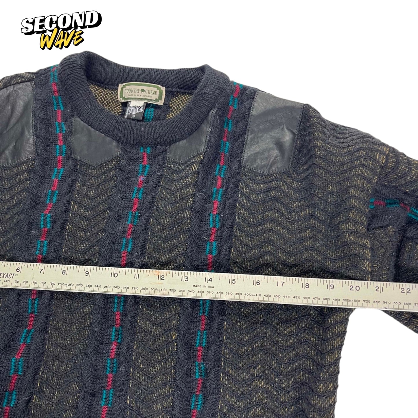 90S COUNTRY THEME PURE WOOL BLACK KNIT SWEATER (M)