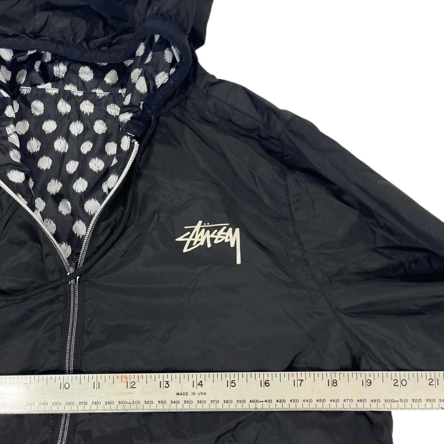 2 in 1 STUSSY BLACK WINDBREAKER REVERSIBLE JACKET WITH HOOD AND FRONT POCKETS (M)